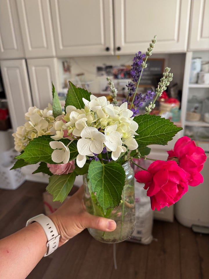raspberries and flowers from the garden