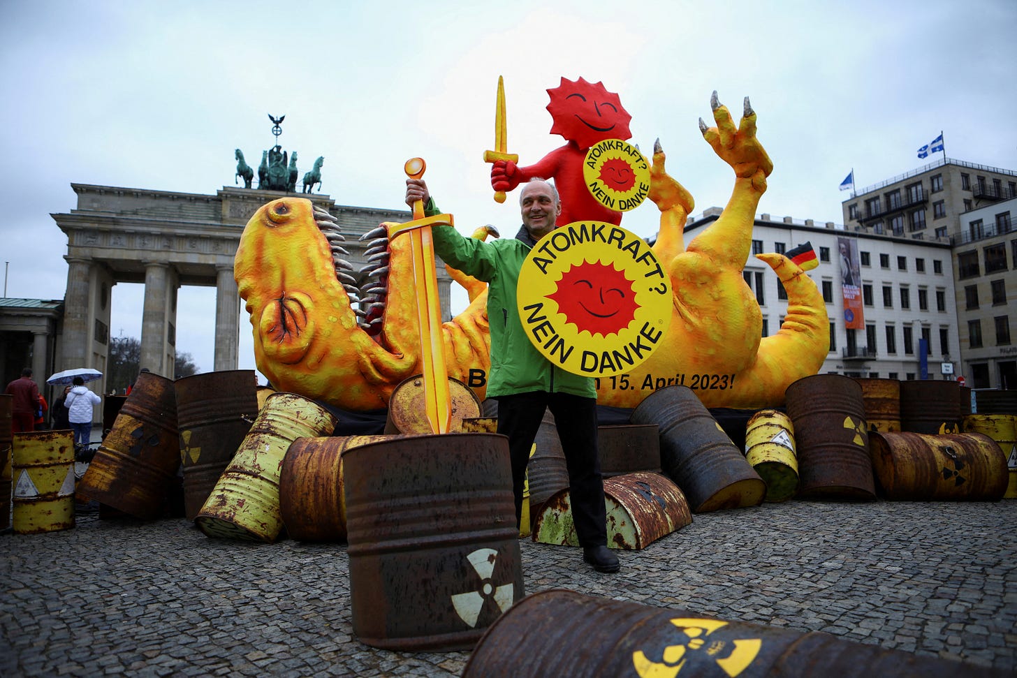 People protest as Germany shuts down its last three nuclear power plants in Berlin