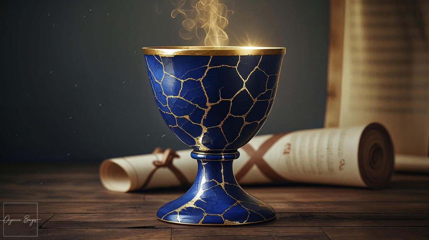 Kintsugi: Pintura onírica de tigela azul quebrada e restaurada com ouro, emanando luz, em estilo claro-escuro de Caravaggio, representando transformação da dor
