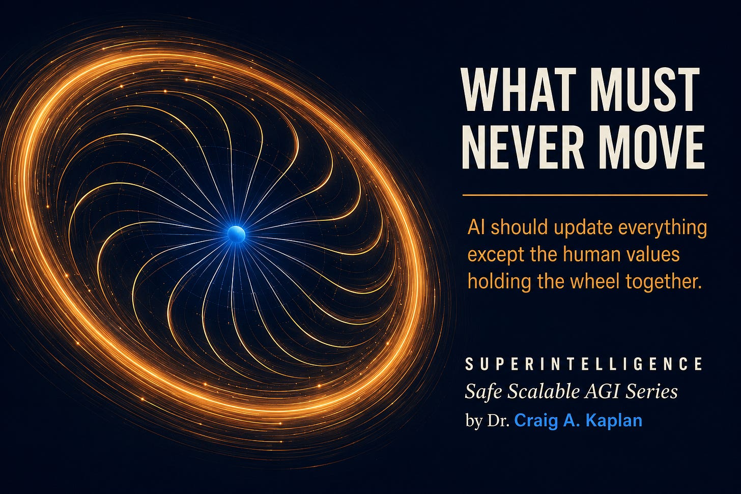 A glowing gyroscope-like wheel spins against a dark background, its amber rim blurred with speed while a single bright blue core at the center holds perfectly still. Text: What Must Never Move. AI should update everything except the human values holding the wheel together. Superintelligence, Safe Scalable AGI Series, by Dr. Craig A. Kaplan