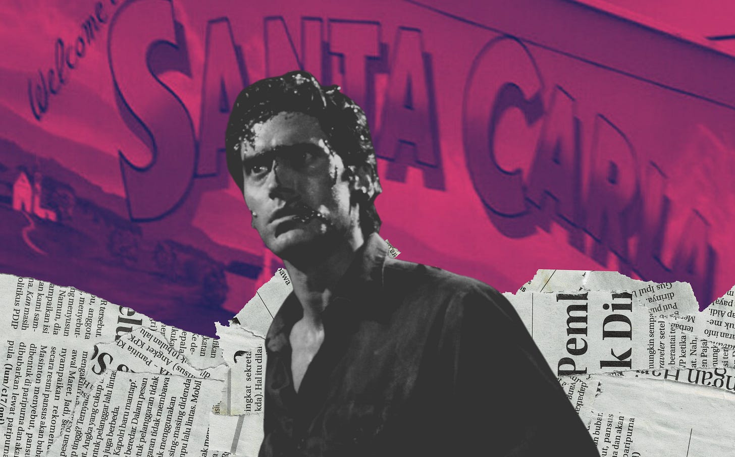 Billboard for Santa Carla with Ash Williams from Evil Dead standing in front, representing a crossover of cabin and beach horror themes.