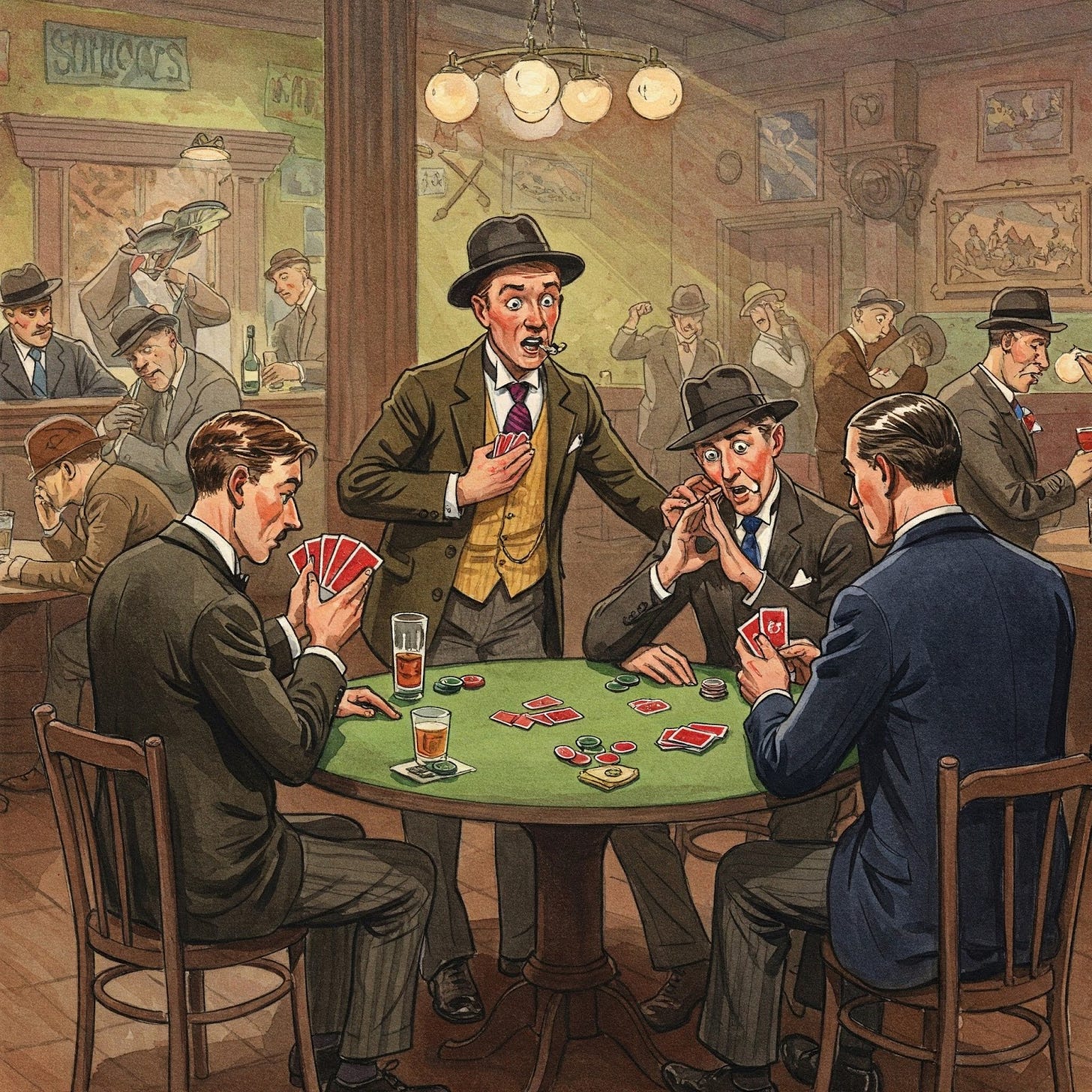 Image of 1920's men playing cards in a speakeasy. Image of 1920's men playing cards in a speakeasy.