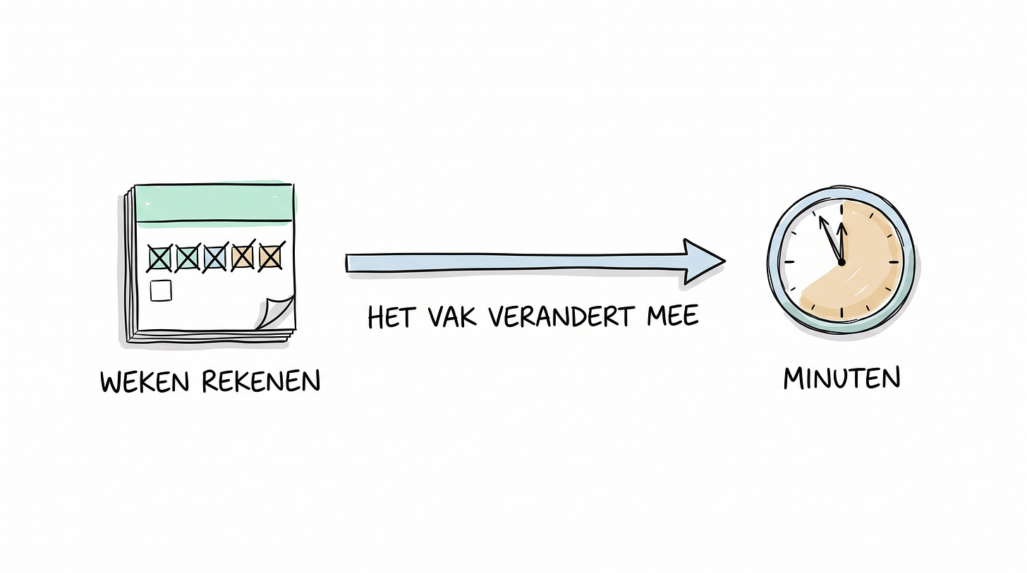 Whiteboardschets met links een weggestreepte kalenderpagina onder de tekst WEKEN REKENEN en rechts een klok onder MINUTEN, met daartussen de pijl HET VAK VERANDERT MEE Whiteboardschets met links een weggestreepte kalenderpagina onder de tekst WEKEN REKENEN en rechts een klok onder MINUTEN, met daartussen de pijl HET VAK VERANDERT MEE