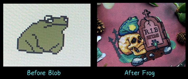 A comparison photo. On the left is a blobby pixel art frog.  On the right is a completed cross stitch of a detailed frog, sitting on a skull in a bog, in front of a gravestone.