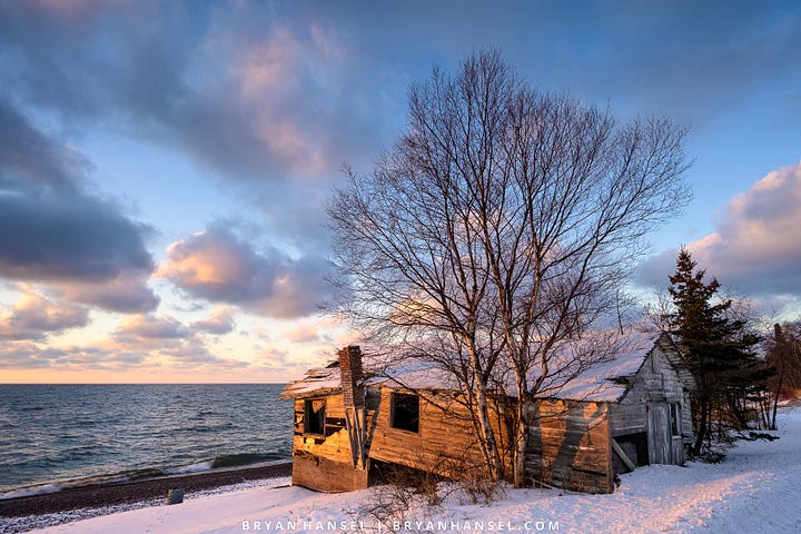 Photos showing Lake Superior scenes at sunrise.