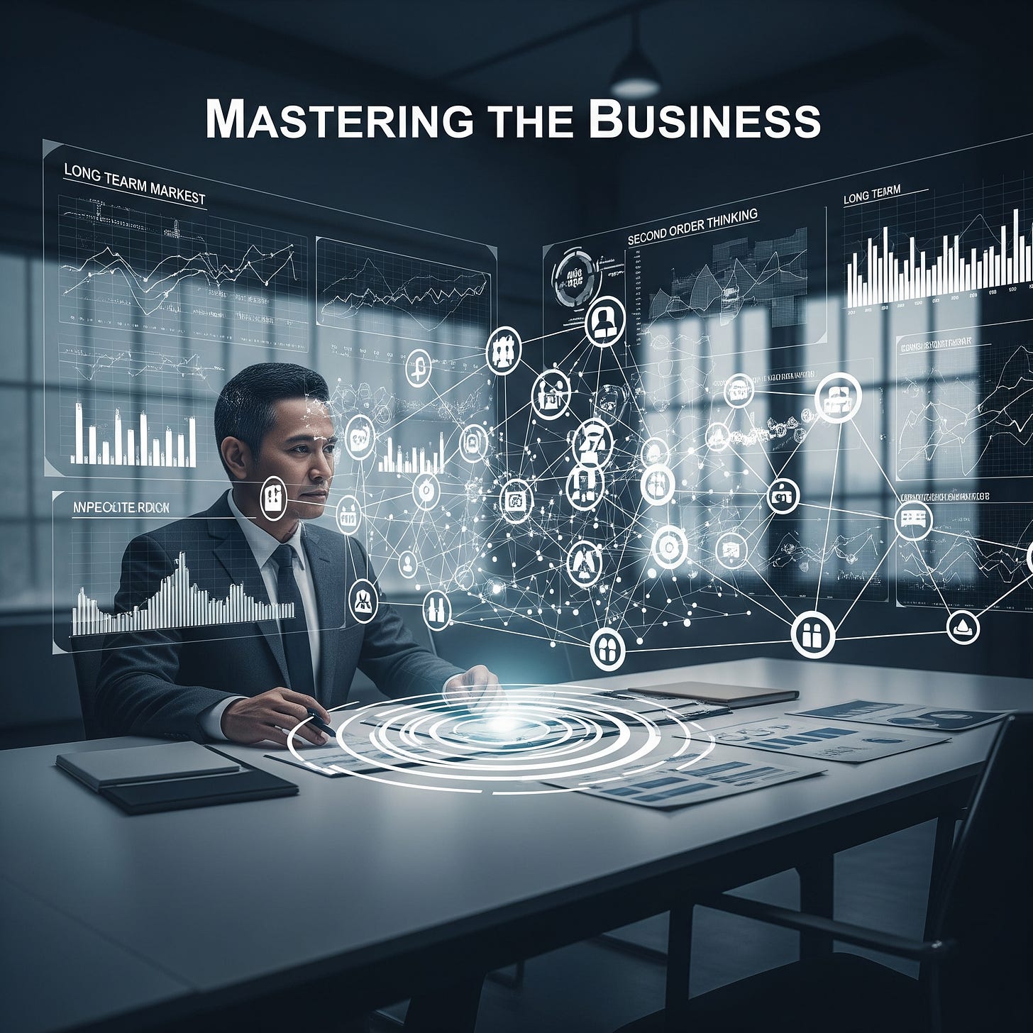 An image depicting business mastery through second-order thinking. A leader sits at a desk in front of a holographic projection displaying complex business systems, charts, and interconnected data points, emphasizing strategic foresight, market trends, and ripple effects of decisions in an organization.
