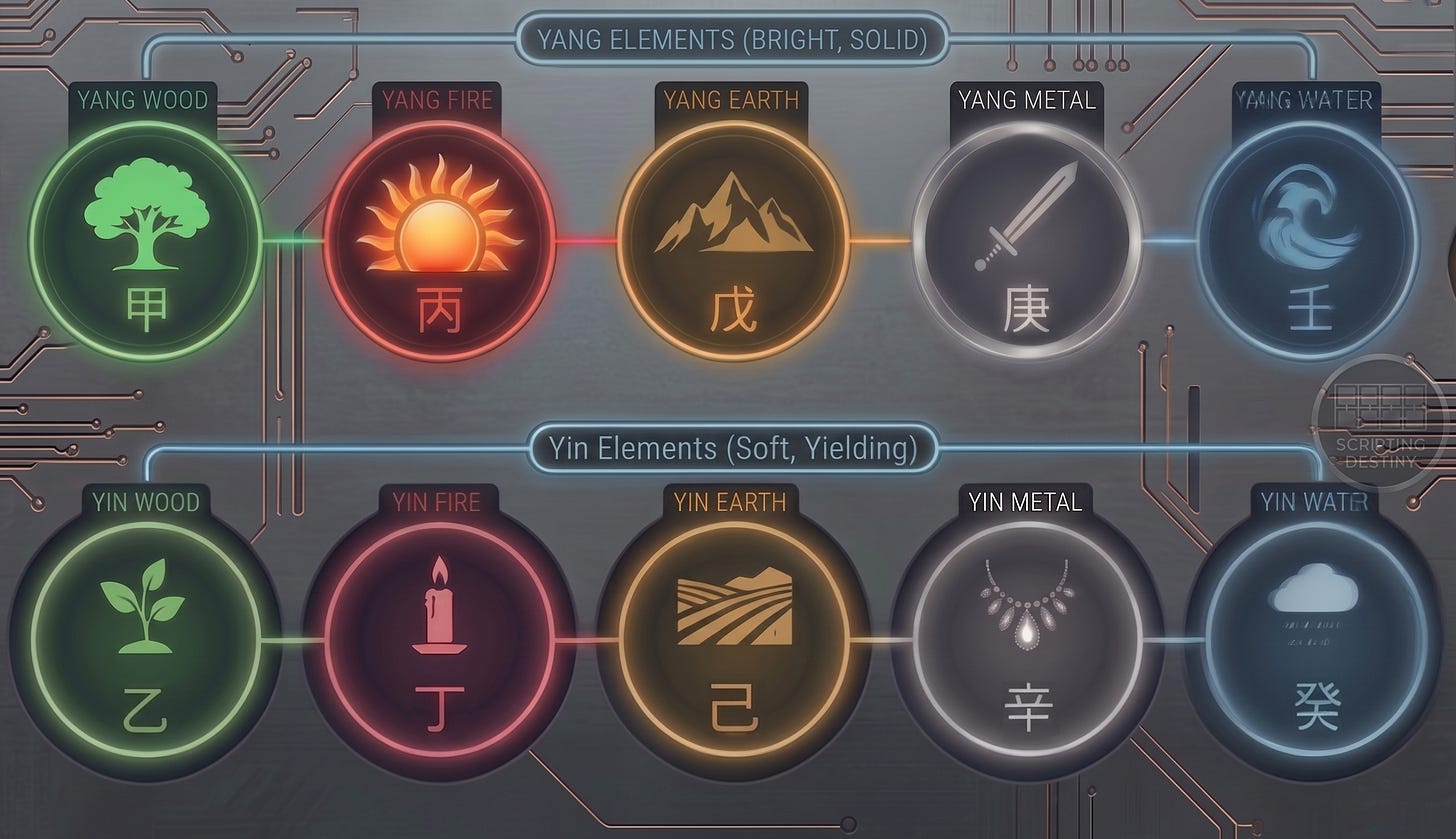 The 5 Elements as they’re typically depicted in Yin or Yang polarities