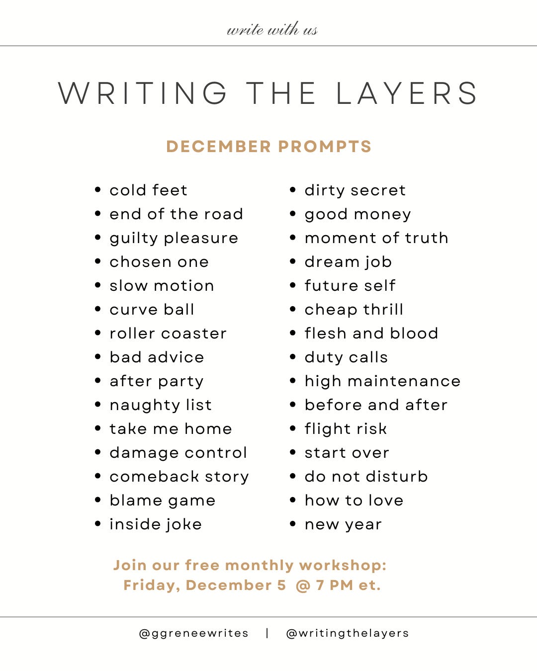 december writing prompts + upcoming workshops, image size:1080x1350