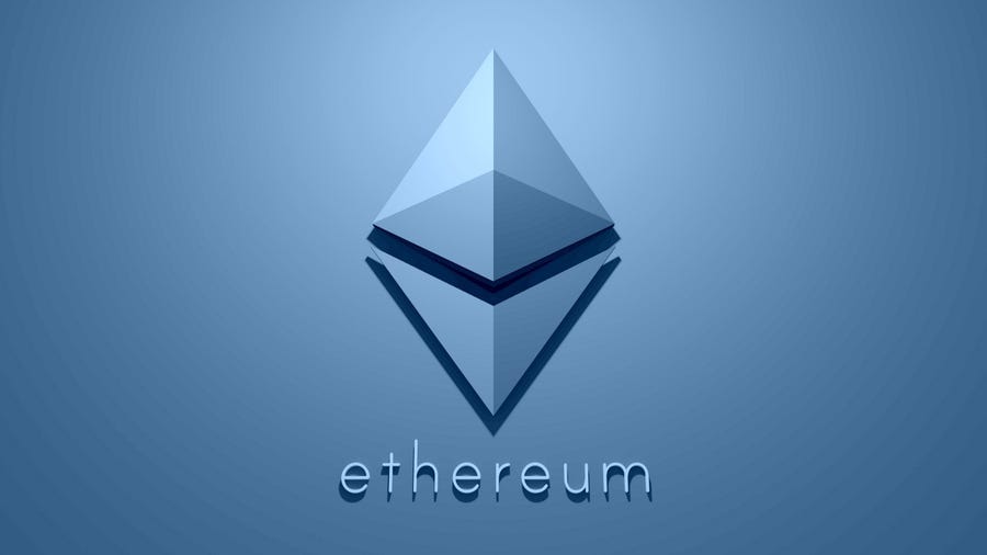 Image of Ethereum logo and word with bluie background ether 24th