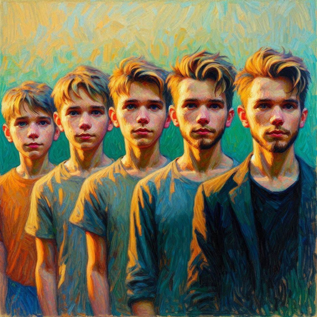 The same individual stands behind himself. First as an attractive boy of five, then as an attractive youth of 14, then as a handsome man of 20. Impressionist style