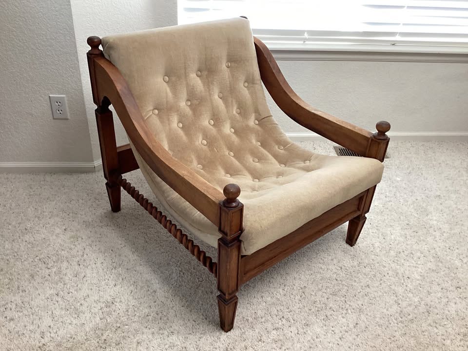 Product photo of Vintage Solid Wood Lounge Accent Chair - Sculptural Frame, Tufted Sling Seat