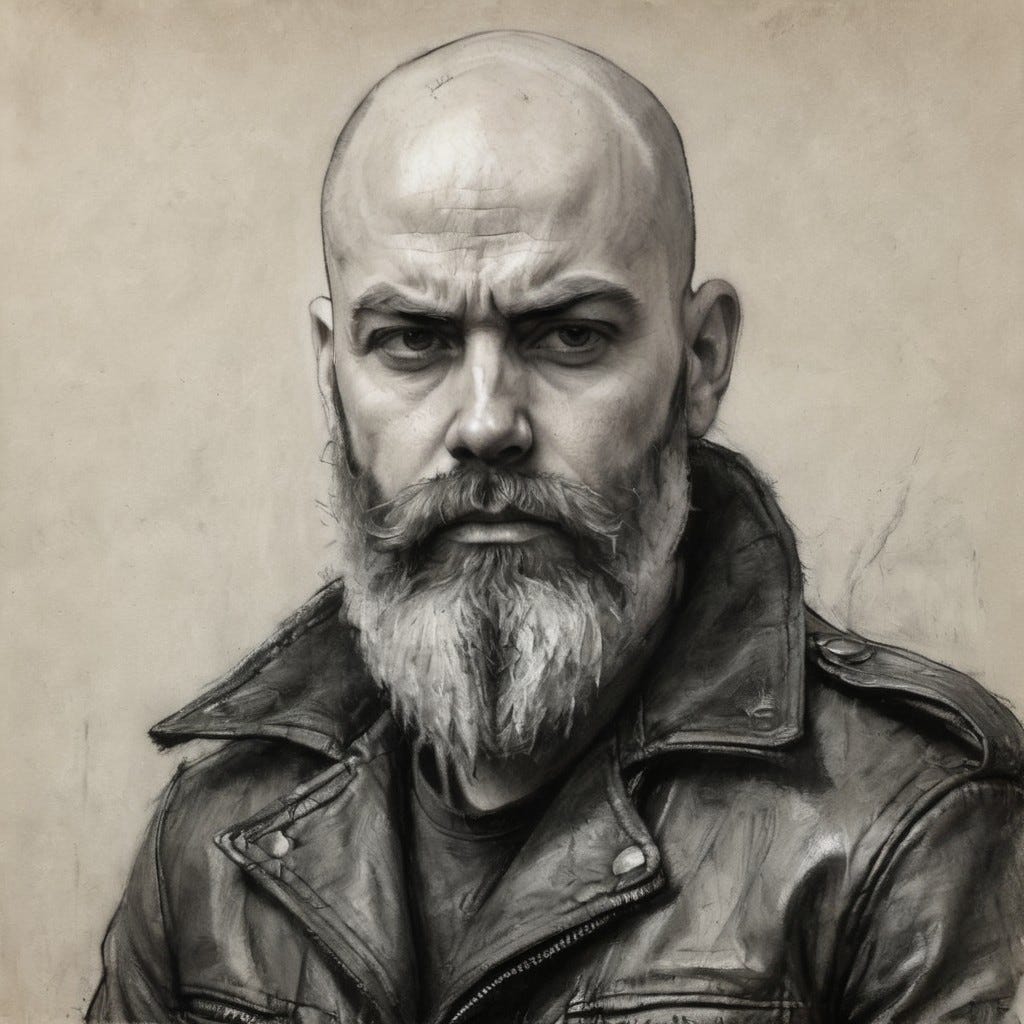 Charcoal drawing portrait of a scowling bald rugged pale man with a long fuzzy beard, wearing biker leathers