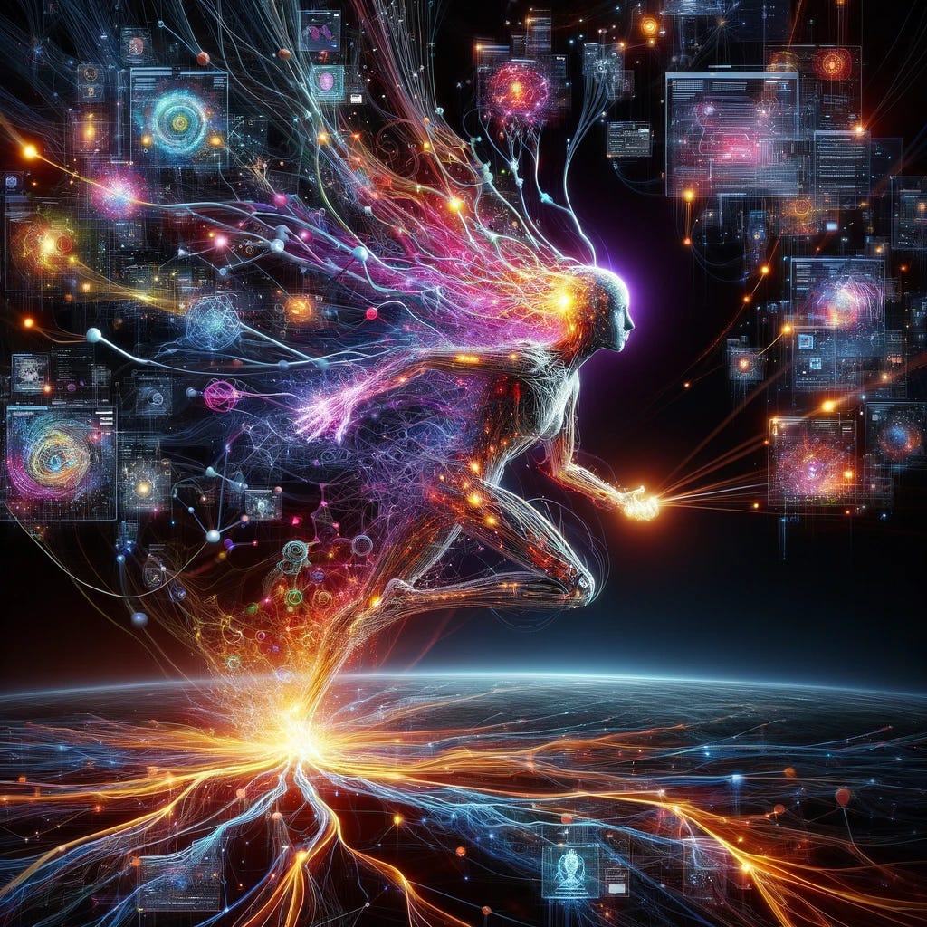 Design a compelling and dynamic image representing the concept of AI integrating with and consuming the internet in a highly futuristic and visually stunning manner. Imagine an advanced AI entity, depicted as a luminous, complex network of connections and nodes, aggressively pulling in streams of digital data from a variety of internet sources, including social media, news platforms, and online databases. The scene should be set against a dark background to highlight the vivid, electric hues of the data streams and the AI's network, creating a sense of power and intelligence beyond human capabilities. The overall feel should be one of awe and the unstoppable advance of technology.