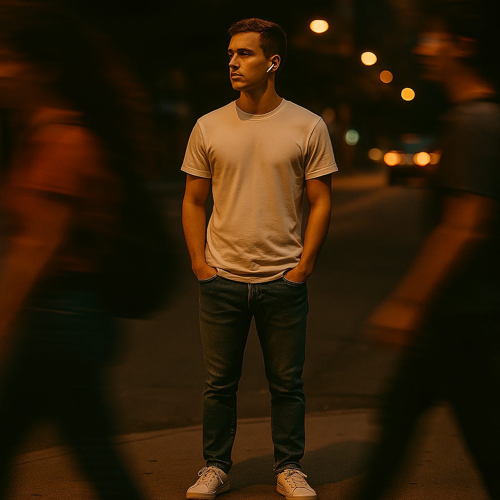 una persona parada en la calle, con audifonos tipo earpods vestida con franela blanca, jeans y zapatos deportivos y que a su lado pasen unas personas a gran velocidad que se vean difuminadas