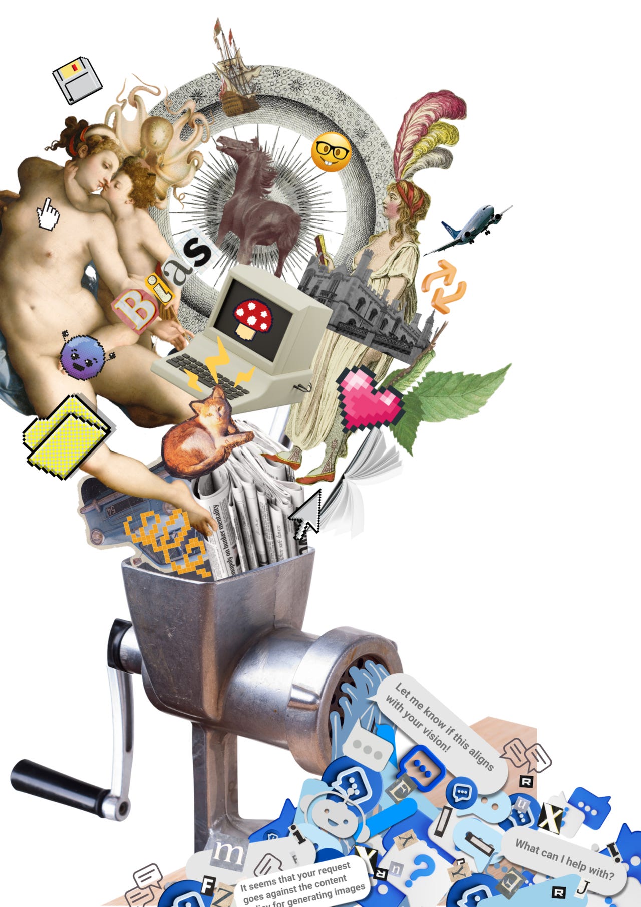 Abstract art illustration showing renaissance painting figures, data, emojis, historical motifs etc going into a blender and turned into social media output and AI generated slop