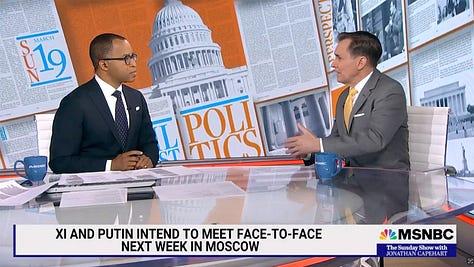Three screenshots from MSNBC's The Sunday Show with Jonathan Capeheart 19th March 2023.  First screenshot shows Capeheart with guest Rear Admiral John Kirby, introduced as Whitehouse National Security Coordinator for Strategic Communications.  Second screenshot from MSNBC's The Sunday Show with Jonathan Capeheart shows Toll of War graphic fading in over Kirby.  Third screenshot shows Toll of War graphic listing 182,872—204,575 (Civilian deaths); 4,550 (U.S. Military deaths); $1.7 trillion (U.S. Spending)  Credited to Brown University's Cost of War report [the civilian deaths are from Iraq Body Count] 