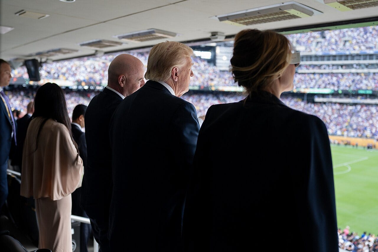 Photo: The White House / Wikimedia Commons (Public domain) President Donald Trump and First Lady Melania Trump attend the FIFA World Cup Final soccer match between Chelsea Football Club and Paris Saint-Germain, Sunday, July 13, 2025, at MetLife Stadium in East Rutherford, New Jersey. (Official White House Ph