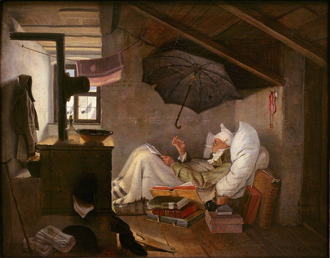 Poet in bed under umbrella Poet in bed under umbrella