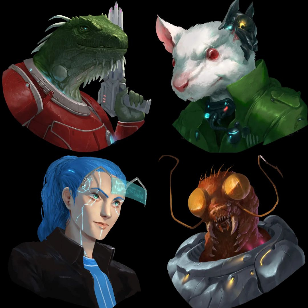 Top left: Lizard person with blaster. Top right: Mouse person with cybernetic ear. Bottom left: android person with blue hair and tech visor. Bottom right: Bug person in armor.