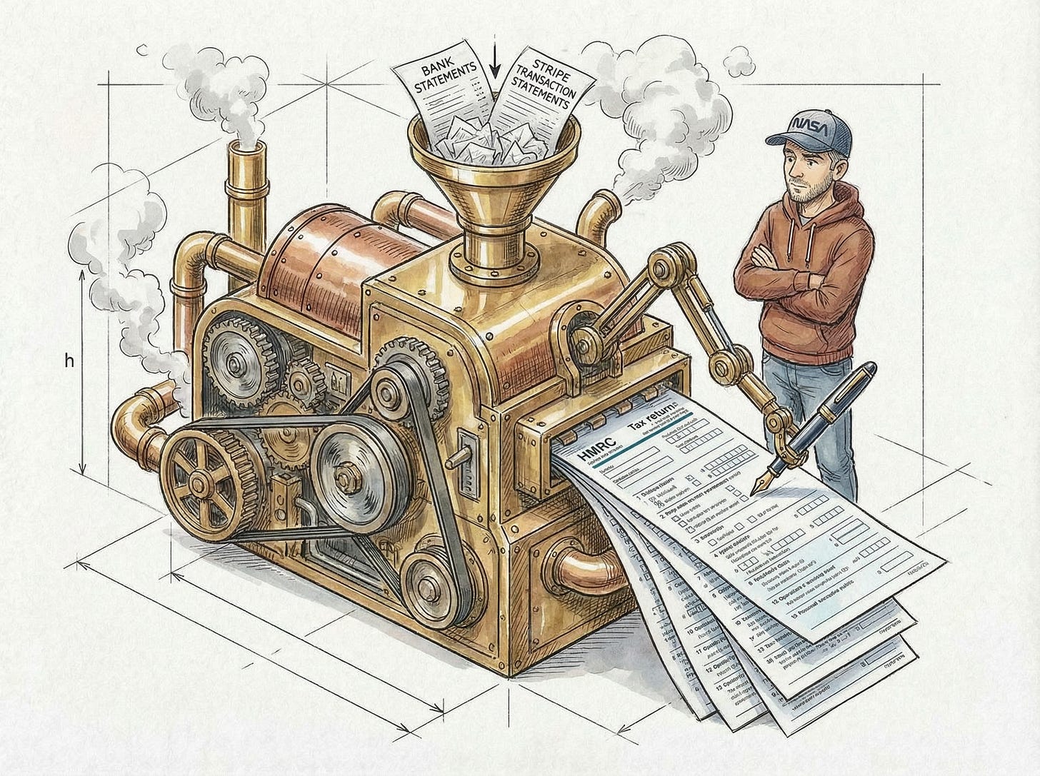 A steampunk brass-and-copper machine with spinning gears, pipes, and billowing steam. A mechanical arm with a fountain pen writes onto paper rolling out. Tax forms and bank statements feed into a funnel at the top. An engineer in a NASA cap and rust-brown hoodie stands to the side, arms folded, observing the machine work. Illustrated as hand-drawn watercolor with sketch elements and architectural drawing style, isometric perspective, warm rust and copper tones. A steampunk brass-and-copper machine with spinning gears, pipes, and billowing steam. A mechanical arm with a fountain pen writes onto paper rolling out. Tax forms and bank statements feed into a funnel at the top. An engineer in a NASA cap and rust-brown hoodie stands to the side, arms folded, observing the machine work. Illustrated as hand-drawn watercolor with sketch elements and architectural drawing style, isometric perspective, warm rust and copper tones.
