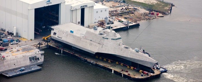 The future USS Gabrielle Giffords (LCS 10) launching from the Austal USA shipyard in Mobile, Ala.