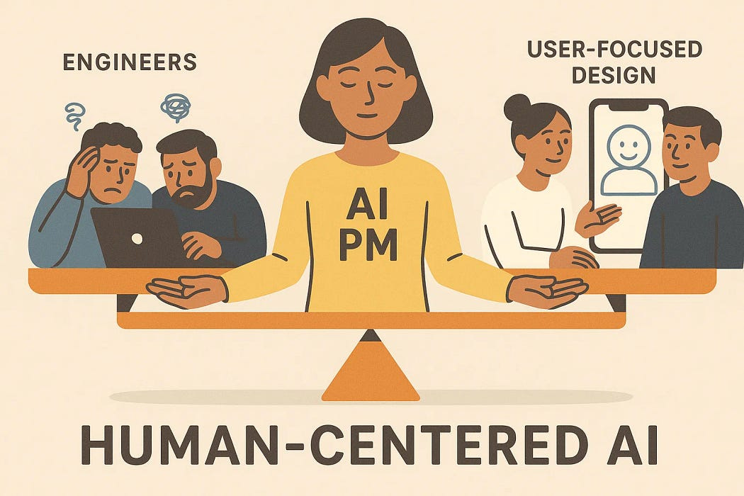 AI PM balances frustrated engineers and a user-focused design team — symbolizing the power of human-centered AI.