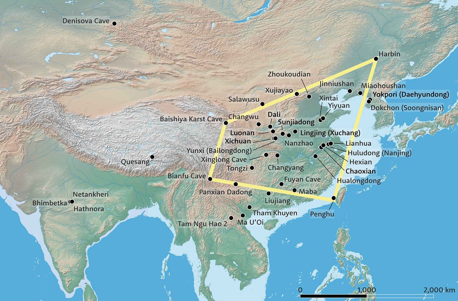 Map showing locations of Middle Pleistocene fossil hominin and archaeological sites in China and nearby regions. Yellow lines connect the sites of Baishiya Karst Cave, Harbin, Penghu, and Bianfu Cave Map showing locations of Middle Pleistocene fossil hominin and archaeological sites in China and nearby regions. Yellow lines connect the sites of Baishiya Karst Cave, Harbin, Penghu, and Bianfu Cave