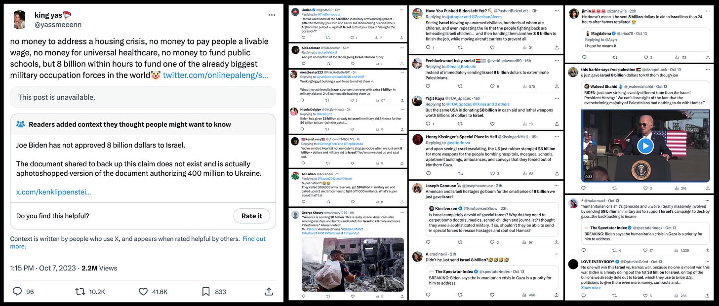 screenshot of a false post with a Community Note and screenshots of multiple posts making the same claim with no Community Notes. Claim: US sent Israel $8 billion in military aid for the current war screenshot of a false post with a Community Note and screenshots of multiple posts making the same claim with no Community Notes. Claim: US sent Israel $8 billion in military aid for the current war