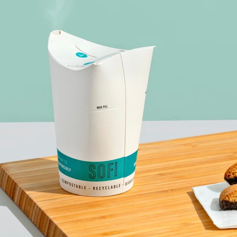 A paper coffee cup that folds closed without a plastic lid. Image source: SoFi.