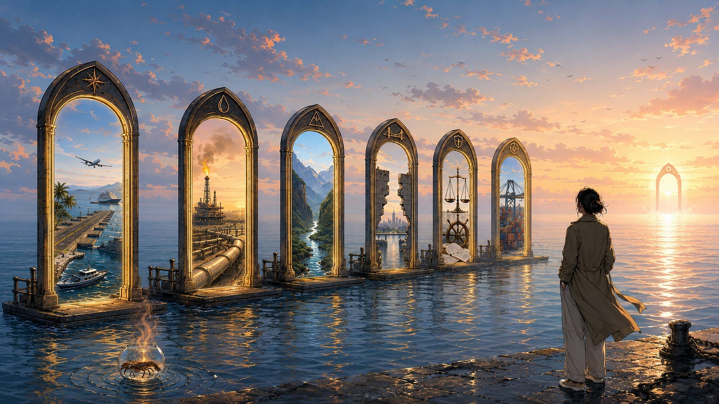 Elegant editorial cartoon of glowing gates across the sea representing the Caribbean platform, Venezuelan oil, Guatemala’s corridor, Mexico’s border, maritime insurance, and the next gate being taken back.
