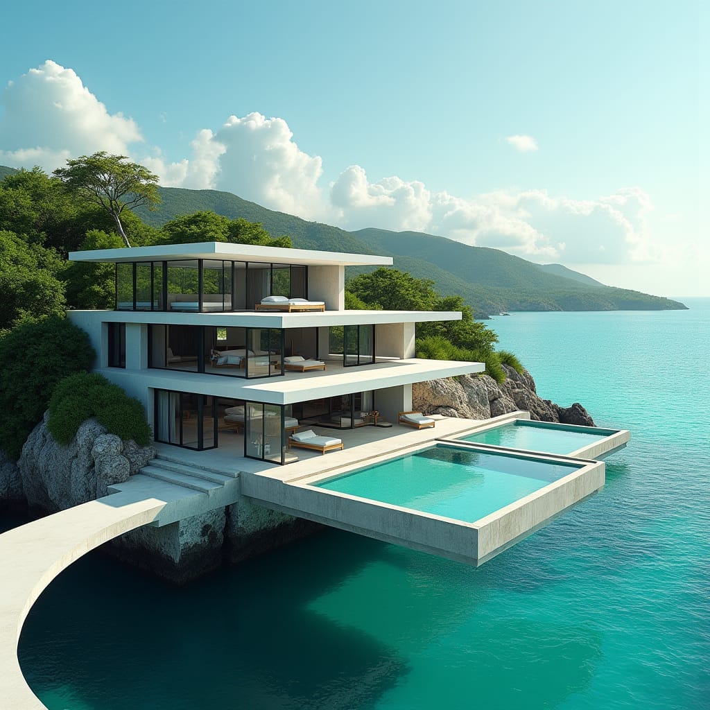 A majestic, modern Jamaican villa, comprised of three stories and ten bedrooms, majestically rising from the turquoise sea, its sleek, minimalist silhouette juxtaposed against the vibrant, tropical surroundings. Large, floor-to-ceiling windows seamlessly integrate the interior and exterior spaces, while expansive concrete platforms and gleaming glass pools appear to defy gravity, as if floating effortlessly above the waves. A dramatic, protuding bridge stretches back towards the mainland, its sinuous curve evoking a sense of dynamic movement. 