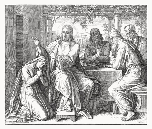 Jesus' anointing (Luke 7, 36-50), wood engraving, published in 1860 Jesus' anointing by the sinner (Luke 7, 36 - 50). Wood engraving by Julius Schnorr von Carolsfeld (German painter, 1794 - 1872), published in 1860. mercy stock illustrations