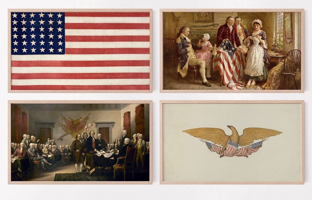 May include: Four framed prints with American patriotic themes. The top left print is a red, white, and blue American flag. The top right print is a painting of a group of people gathered around a table, sewing a red, white, and blue American flag. The bottom left print is a painting of a group of people gathered around a table, signing a document. The bottom right print is a painting of a golden eagle with its wings spread, holding a red, white, and blue American flag in its talons.