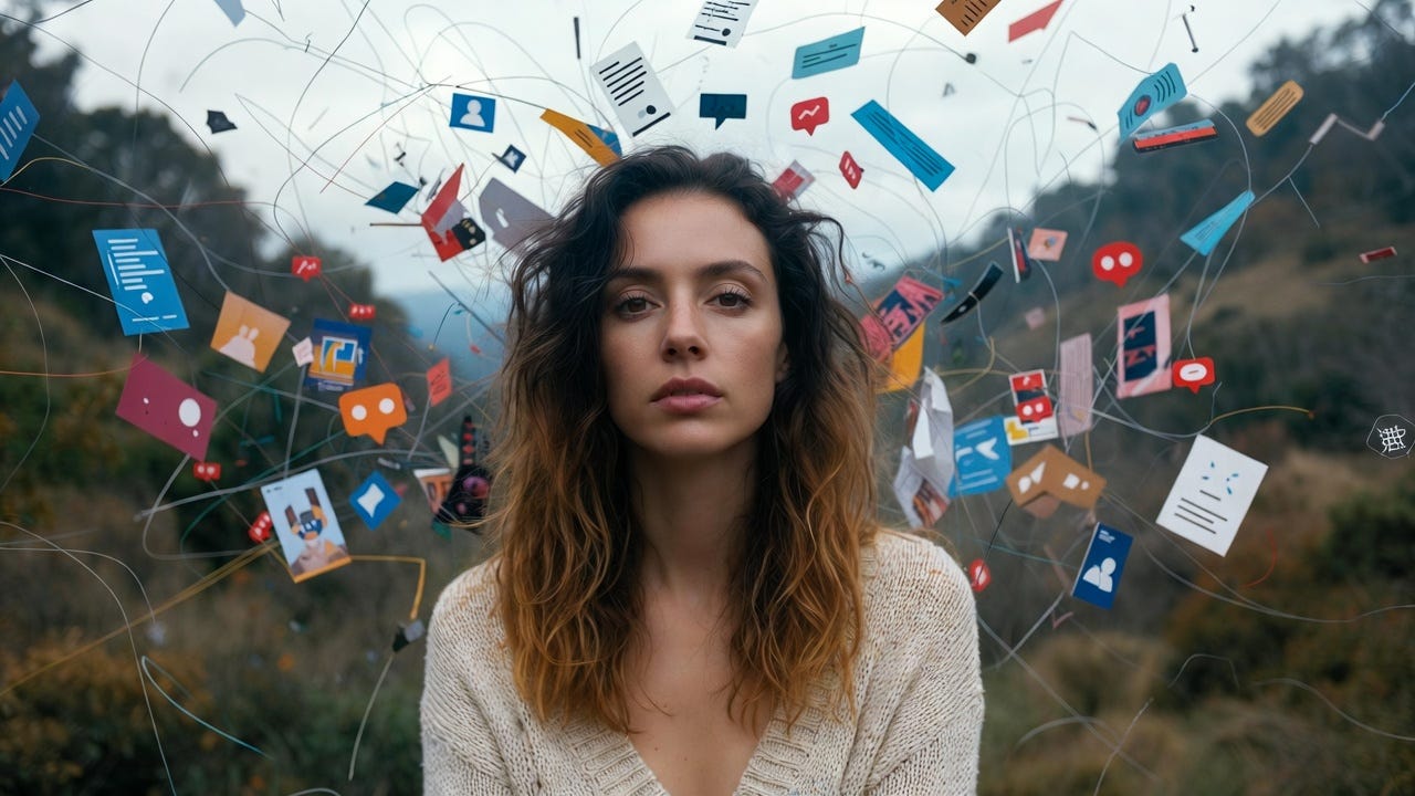 woman distracted by digital notifications.