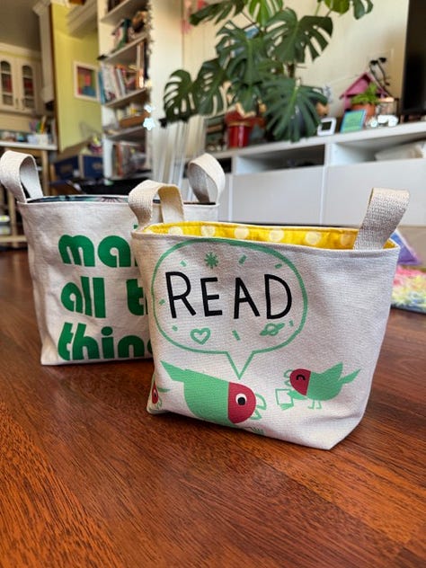 photos of baskets made from totes by students