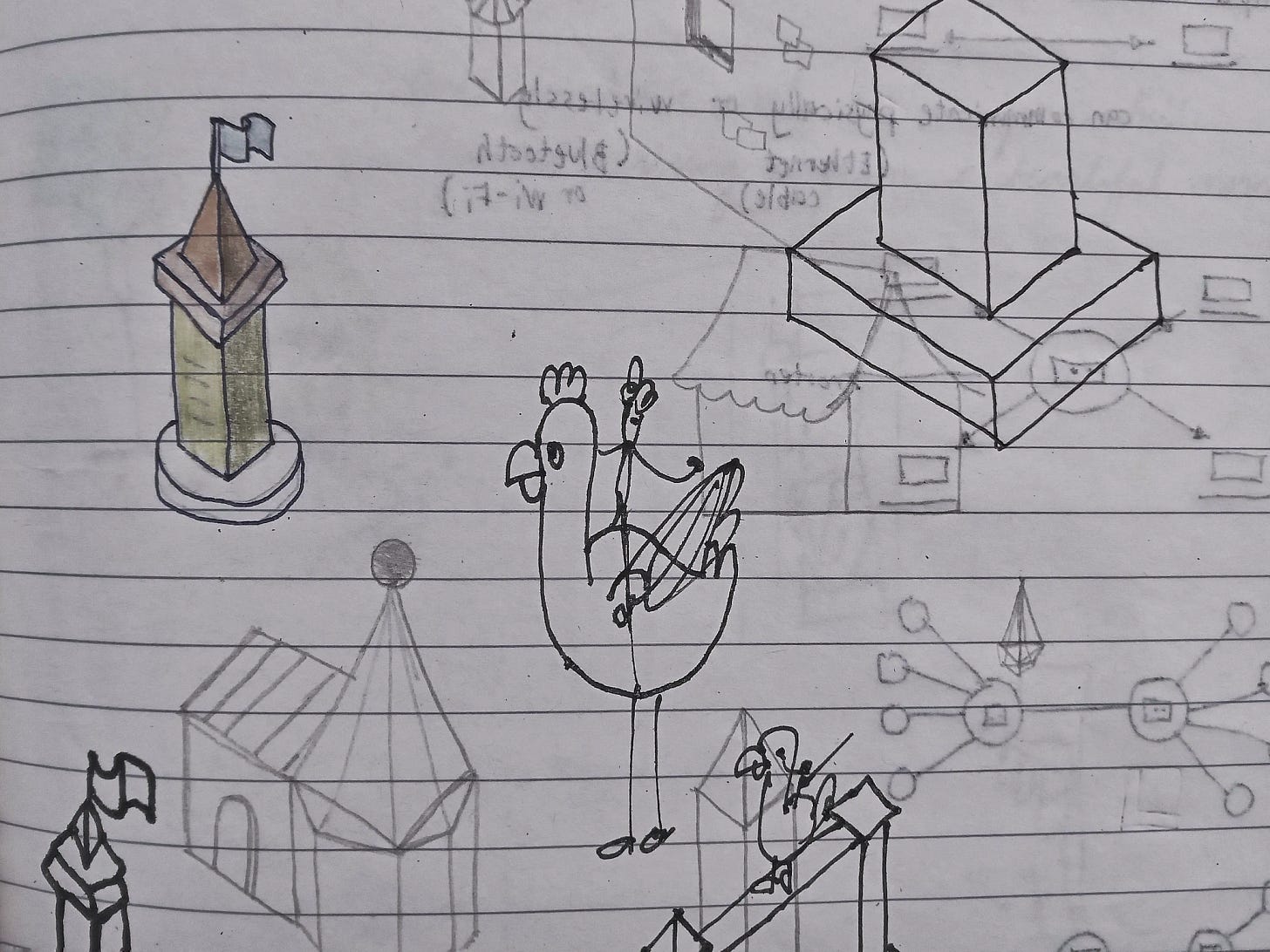 Hand-drawn sketch on lined paper featuring a tower with a flag, a cartoon chicken, and geometric shapes.
