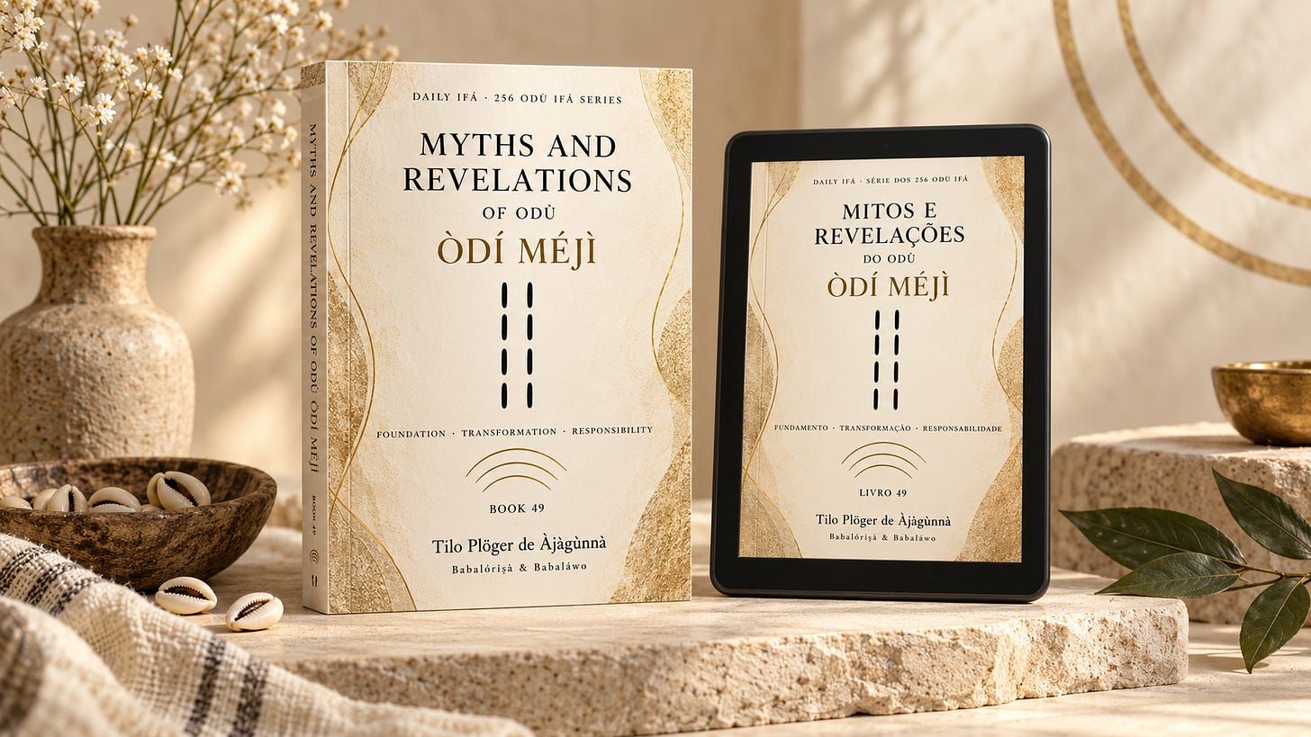 English and Brazilian Portuguese editions of “Myths and Revelations of Odù Òdí Méjì,” Book 49 of the Daily Ifá 256 Odù Ifá Series by Tilo Plöger de Àjàgùnnà, displayed side by side.