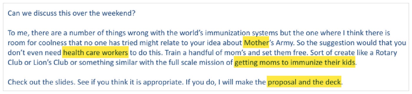 The covering note proposing Mother's Army as a vaccination vehicle The covering note proposing Mother's Army as a vaccination vehicle