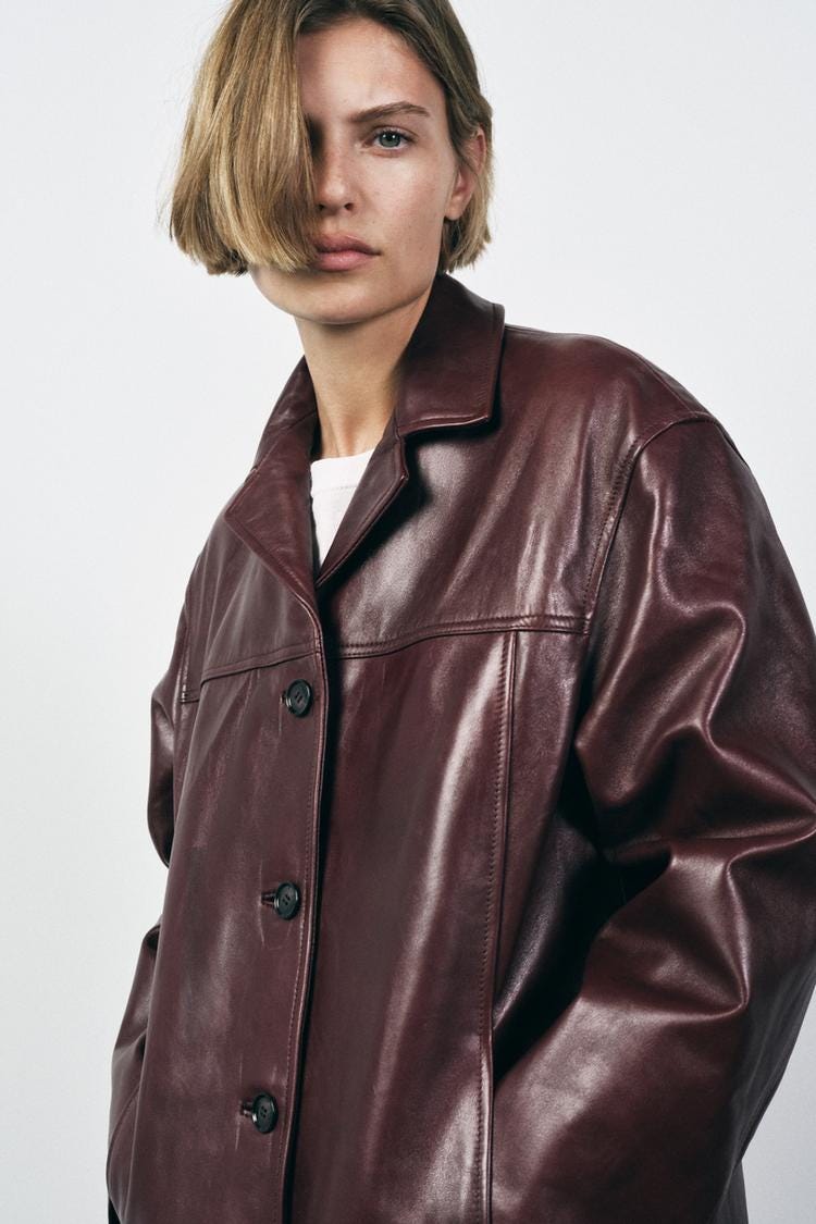 Zara LEATHER JACKET ZW COLLECTION - Burgundy - Image 3