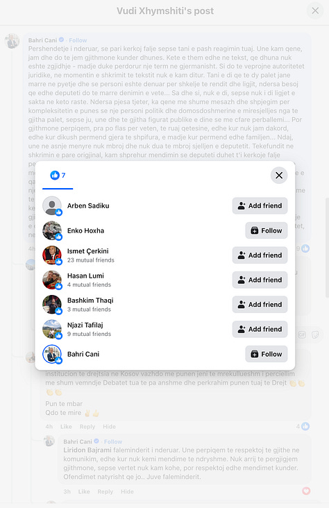 Facebook exchange with Bahri Cani: First screenshot: Bahri Cani’s public comment on my post, where he apologises for his earlier reaction, clarifies his stance against violence, and explains that his original message was intended to discuss political accountability rather than defend any wrongdoing. Replies from other users include both criticism and praise of Cani’s statement. Second screenshot: A view of the list of users who “liked” Cani’s comment, showing names including Liridon Bajrami, the same commenter who had accused me of partisanship. Third screenshot: The expanded profile preview of Bahri Cani’s verified Facebook page, identifying him as a journalist with links to his professional platforms.