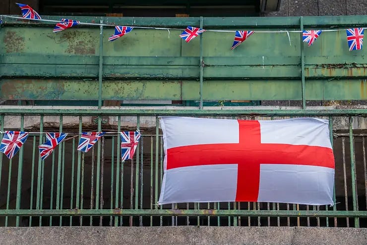 The Union Jack and St George’s Cross on The Lancastrian Hall, Swinton.