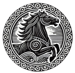 norse design - like a medieval woodcarving. strong, black stallion, circle border norse design - like a medieval woodcarving. strong, black stallion, circle border
