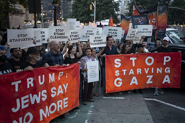 Jewish activists and allies participate in a rally outside Trump International Hotel in Manhattan, New York, protesting the Israeli war and...