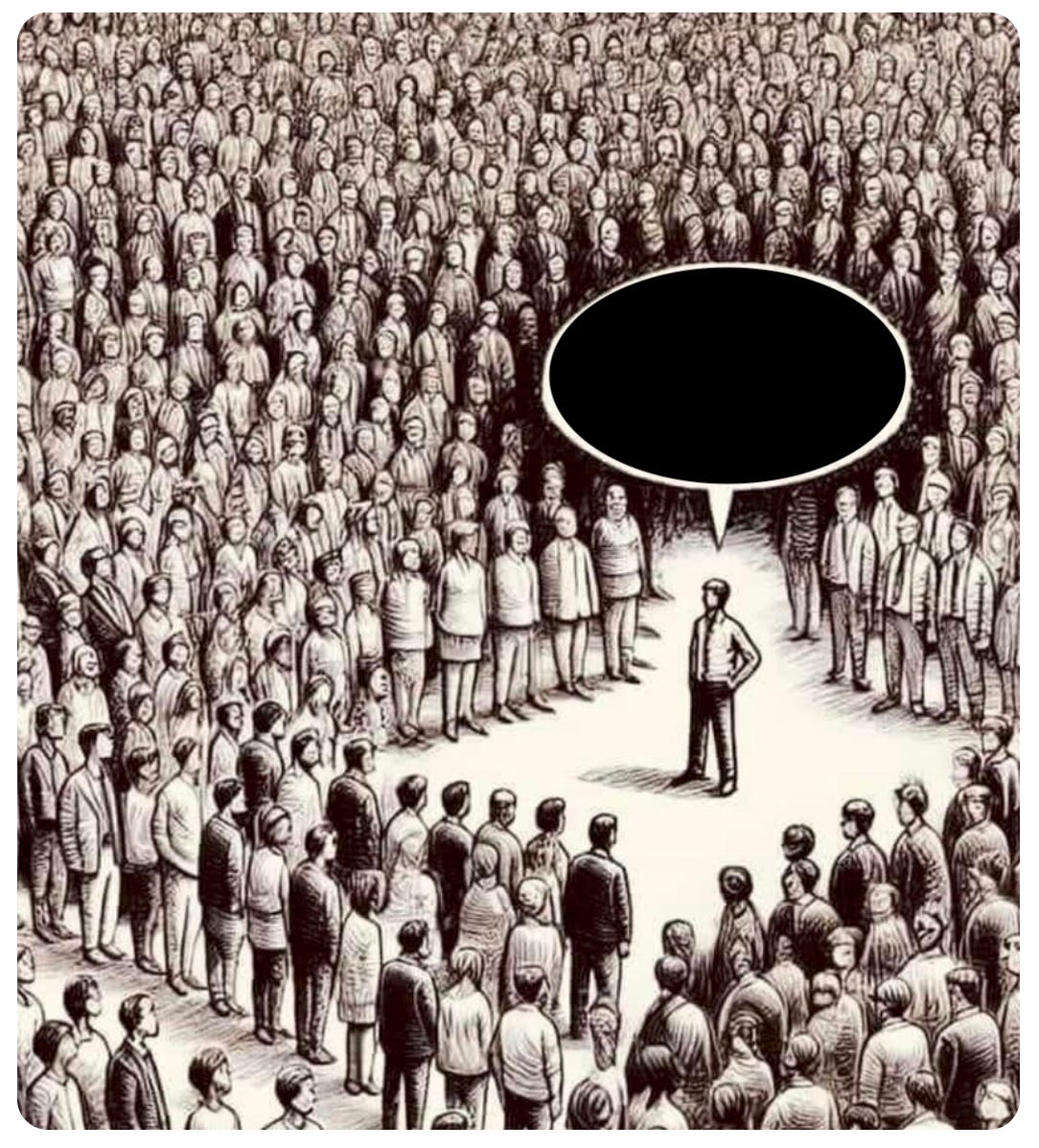 A sketch of a man with an empty dialogue bubble above him in a large crowd of people