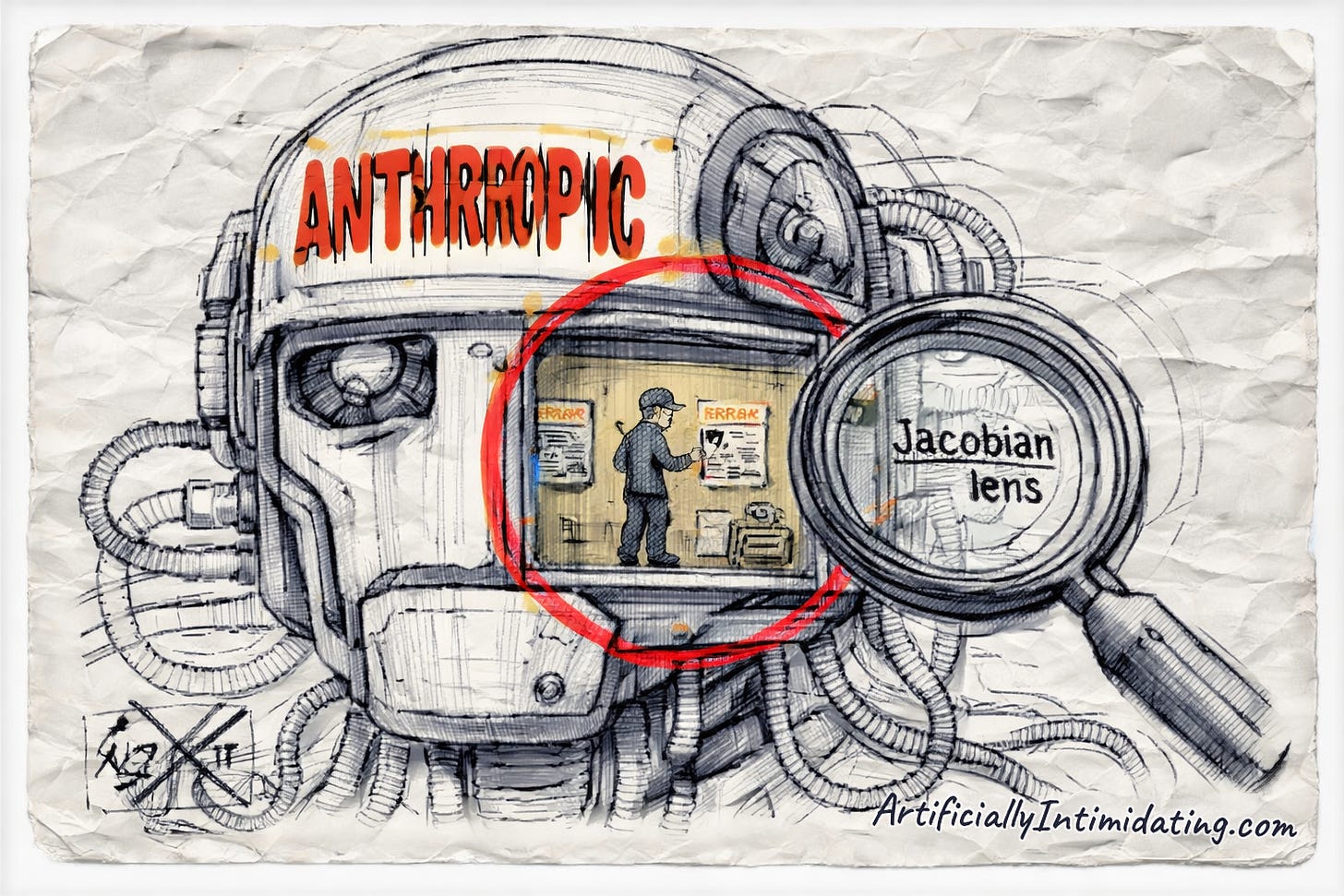 Cartoon: a giant Anthropic-branded head with a cutaway room inside where a worker pins ERROR and INJECTION cards, viewed through a Jacobian lens.