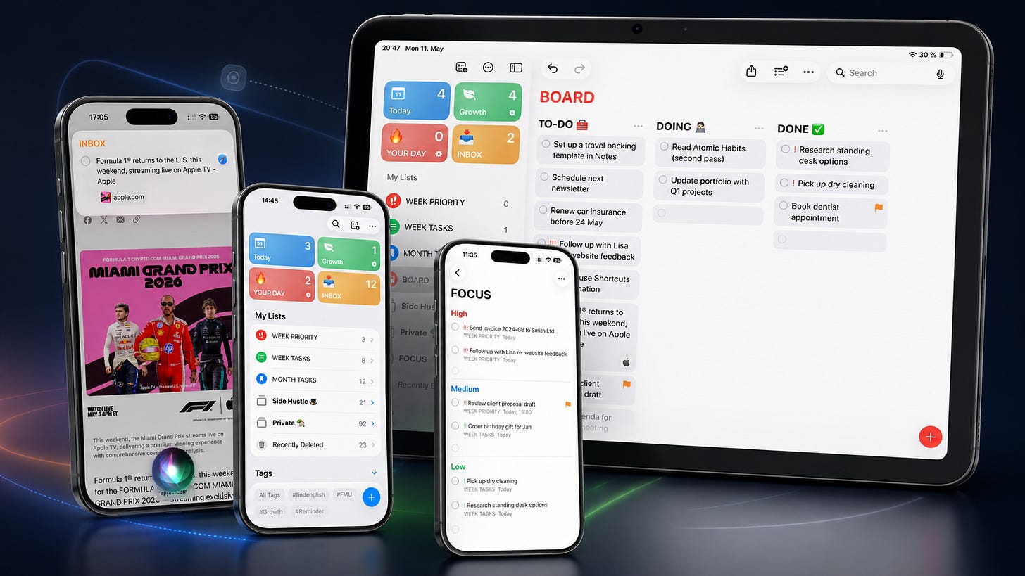 Featured image showing Apple Reminders displayed across multiple Apple devices, including an iPad and three iPhones, with different views such as lists, a kanban-style board, inbox, and priority tasks, arranged on a dark modern background.