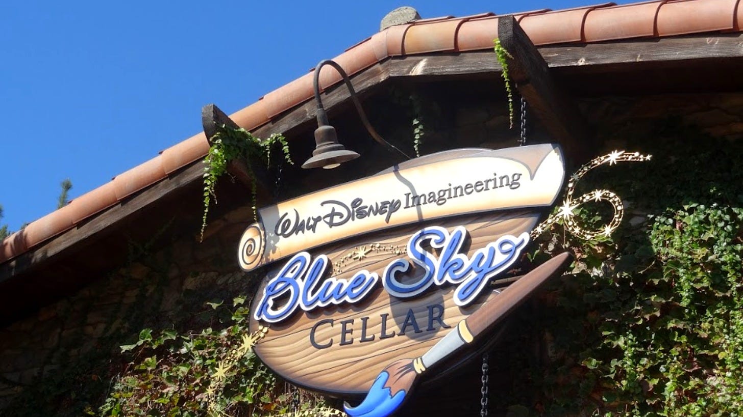 Walt Disney Imagineering Blue Sky Cellar sign at Disney California Adventure. Image: Freddo via Wikimedia Commons Walt Disney Imagineering Blue Sky Cellar sign at Disney California Adventure. Image: Freddo via Wikimedia Commons