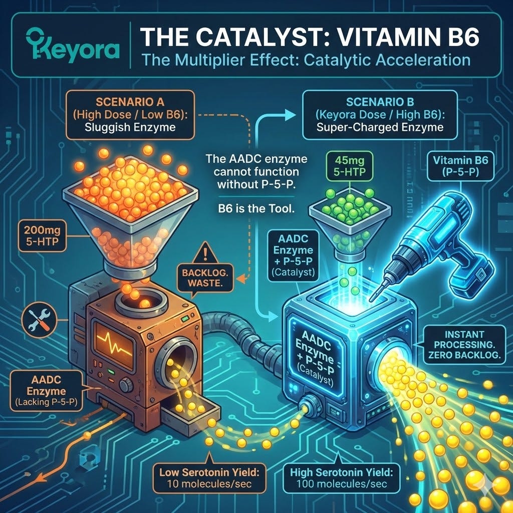 Vitamin B6 (P5P) acts as the catalytic power tool for the AADC enzyme, driving the Multiplier Effect to maximize Serotonin yield and secure Neurological Sovereignty. Vitamin B6 (P5P) acts as the catalytic power tool for the AADC enzyme, driving the Multiplier Effect to maximize Serotonin yield and secure Neurological Sovereignty.