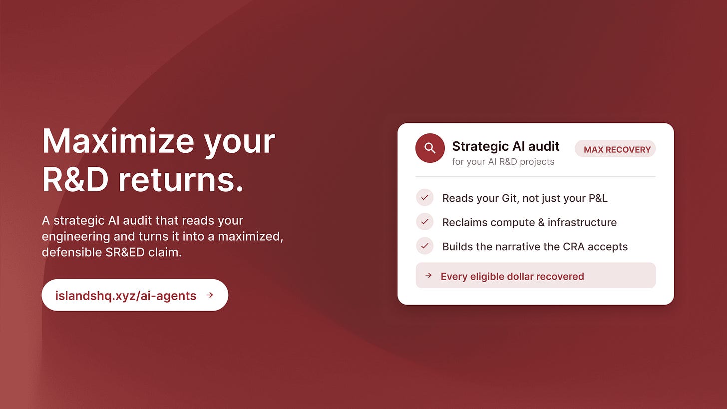 Islands CTA offering a strategic AI audit that maximizes SR&ED recovery, linking to islandshq.xyz/ai-agents.