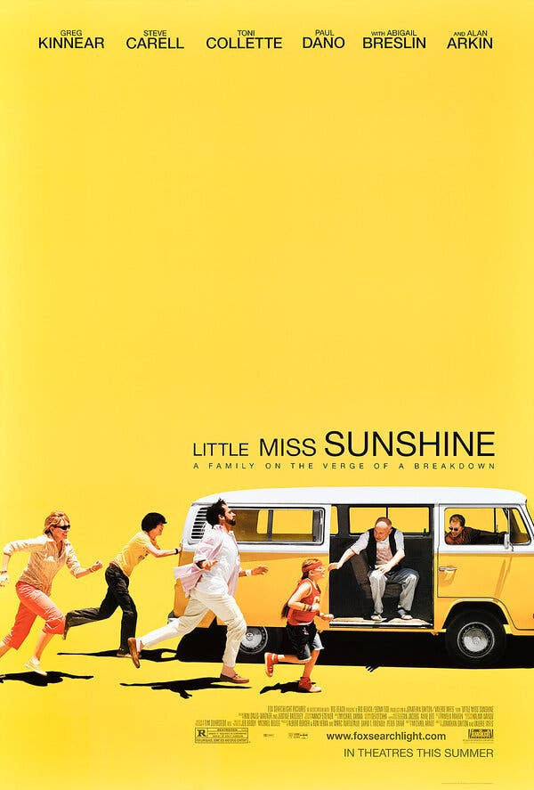 A family racing to a yellow van against a flat yellow background. 
